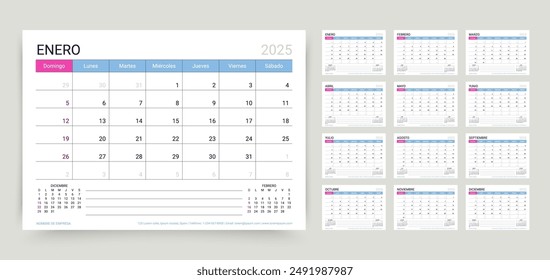 Spanish 2025 calendar. Planner calender template. Spain desk schedule grid with 12 month. Week starts Sunday. Yearly organizer layout. Horizontal monthly diary, A5. Vector simple illustration. 