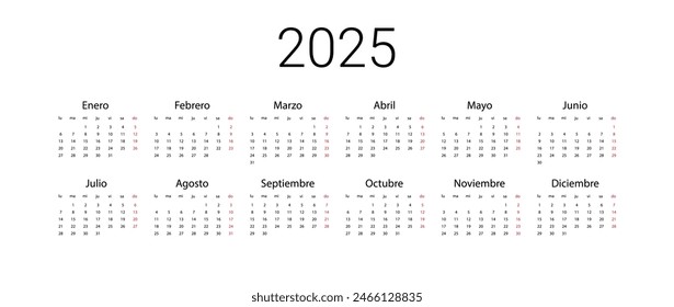 Spanish 2025 calendar. Vector illustration design template start from monday. Full months for wall calendar