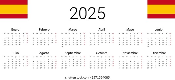 Spanish 2025 calendar. Vector illustration design template start from monday. Full months for wall calendar