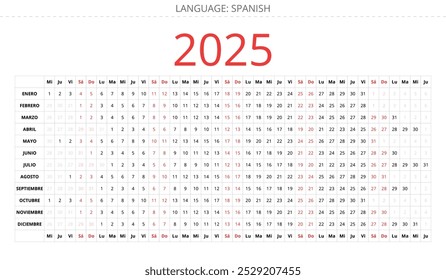 Calendário linear espanhol 2025. Ilustração de vetor imprimível para Espanha. Dias do mês consecutivos