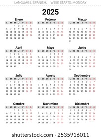 Spanish 2025 year annual business calendar. Printable and editable vector illustration for Spain