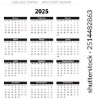 Spanish 2025 year calendar. Printable vector black and red colors illustration for Spain