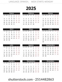 Calendário espanhol 2025. Vetor imprimível preto e vermelho cores ilustração para Espanha