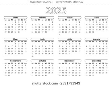 Spanish 2025 year calendar. Printable vector illustration for Spain