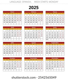 Spanischer Jahreskalender 2025. Vektorgrafik in Spanien Flaggenfarben