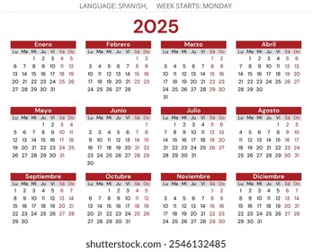 Calendario español 2025. Ilustración vectorial para España.