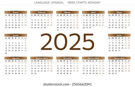 Spanish 2025 year month annual calendar. Vector illustration for Spain