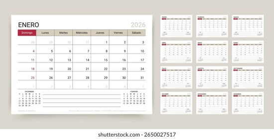 Calendário espanhol 2026. Modelo de calendário do planejador. Grelha de horários da Espanha com 12 meses. A semana começa domingo. Layout do organizador de mesa anual. Diário mensal horizontal, A5. Ilustração simples de vetor.