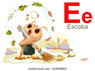 Spanish abc alphabet letter e escoba. Owl bird janitor sweeping leaves broom. Vector cartoon illustration drawing isolated on white