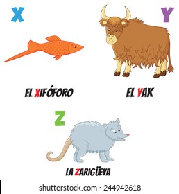 spanish abc with different animals: yak, fish and possum