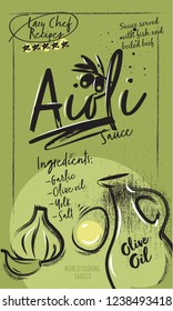 Spanish Aioli Sauce. Charcoal Green Poster with ingredients and chalked lettering