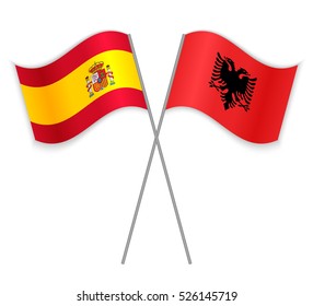 Spanish and Albanian crossed flags. Spain combined with Albania isolated on white. Language learning, international business or travel concept.