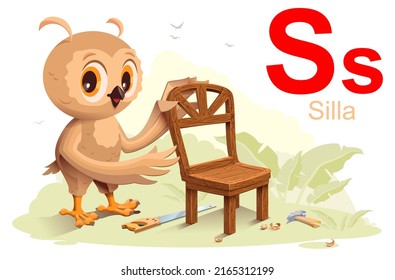 Spanish alphabet abc order letter S silla translation stool. Vector cartoon illustration isolated on white