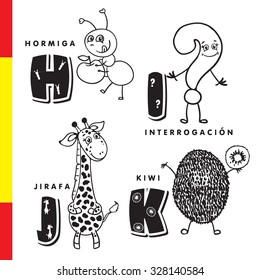 Spanish alphabet. Ant, question, giraffe, kiwi. Vector letters and characters.