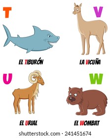 spanish alphabet with different animals: shark, urial, vicuna and wombat