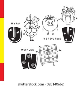 Spanish alphabet. Grapes, vegetables, waffles. Vector letters and characters.