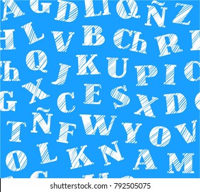 Spanish alphabet. Hatching a white pencil on a dark blue field. Simulation. Vector decorative background. 
