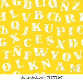 Spanish alphabet. Hatching a white pencil on a yellow field. Simulation. Vector decorative background. 