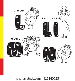 Spanish alphabet. Lemon, key, monkey, orange. Vector letters and characters.