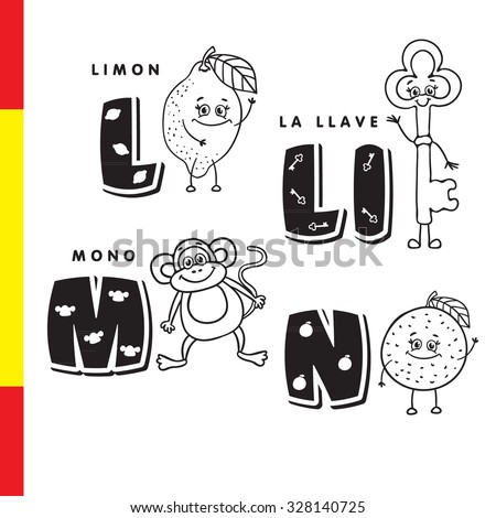 Spanish alphabet. Lemon, key, monkey, orange. Vector letters and characters.