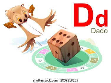 Spanish alphabet letter d dice translated from spanish dado alpabeto espanol. Owl throw dice vector cartoon illustration isolated on white