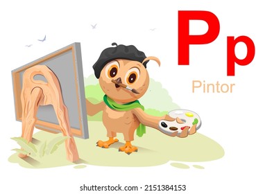 Spanish alphabet letter p artist pintor. Vector cartoon illustration. ABC education