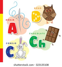 Spanish alphabet. Needle, owl, chocolate, rabbit. Vector letters and characters.