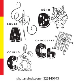 Spanish alphabet. Needle, owl, chocolate, rabbit. Vector letters and characters.