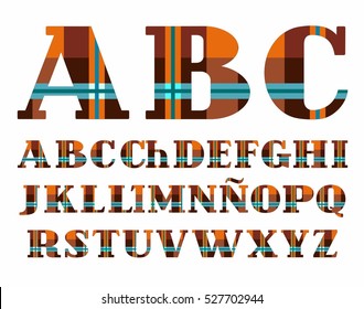 Spanish alphabet, plaid, vector font, capital letters, brown. The letters of the Spanish alphabet with serifs. Blue stripes on orange-brown background in a cage. 