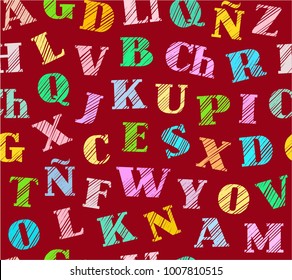 Spanish alphabet. Shading with colored pencils on a red field. Simulation. Vector decorative background. 