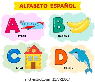 spanish alphabet. vector illustration. written in spanish plane, banana, house, dolphin