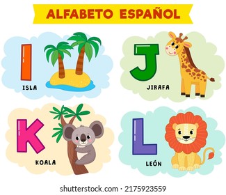 spanish alphabet. vector illustration. written in spanish island, giraffe, lion, koala