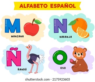 spanish alphabet. vector illustration. written in spanish apple, orange, bear, ostrich