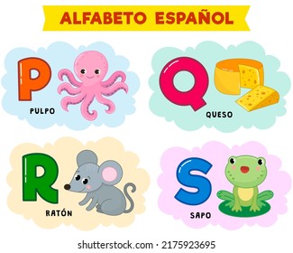 spanish alphabet. vector illustration. written in spanish octopus, frog, mouse, cheese