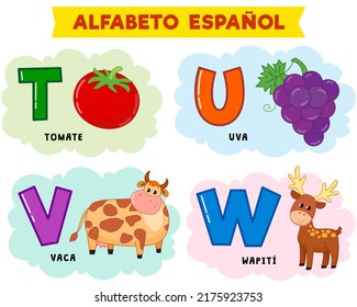 spanish alphabet. vector illustration. written in spanish tomato, grape, cow, deer