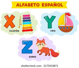 spanish alphabet. vector illustration. written in spanish yacht, fox, xylophone