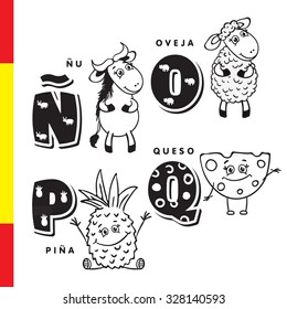 Spanish alphabet. Wildebeest, sheep, pineapple, cheese. Vector letters and characters.