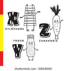 Spanish alphabet. Xylophone, carrots, yogurt. Vector letters and characters.