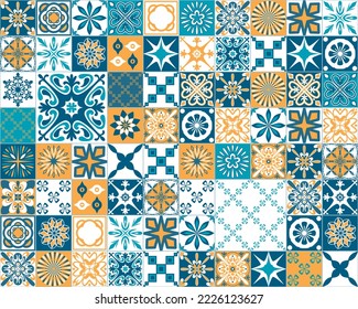 Spanisches Azulejo-Dekormuster, blau-orange-weiße quadratische Keramikfliesen für Design, Vintage-Vektorgrafik