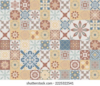 Spanish Azulejo style pastel pattern, blue brown beige yellow ceramic tile square for design