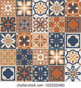 Spanish Azulejo style seamless pattern, brown beige blue square imitation of ceramic tiles for design, vector illustration