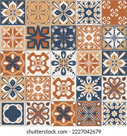 Spanish Azulejo style seamless pattern, brown beige blue square imitation of ceramic tiles for design