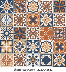 Spanish Azulejo style seamless pattern, brown beige square imitation of ceramic tiles for design, vector illustration