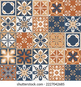 Spanish Azulejo style seamless pattern, brown beige blue square imitation of ceramic tiles for design, vector illustration