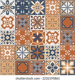 spanischer Azulejo-Stil, nahtloses Muster, quadratische Imitation von Keramikfliesen für Design, Vektorgrafik