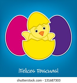 Spanish Baby Chick and eggs Easter card in vector format