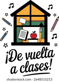 Espanhol Back To School classroom Tipografia vetorial, De Vuelta a clases vetorial escola crianças sala de aula com ferramentas	
