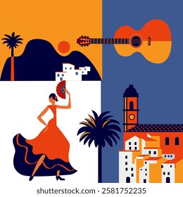 spanish background graphic design with dancing woman and traditional buildings