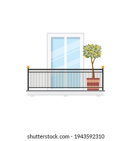 Spanish balcony with lemon or orange tree growing in pot, metal balustrade or railing. Vector residential building or hotel balcony with spindle fence, handrail and balusters, summer terrace svg