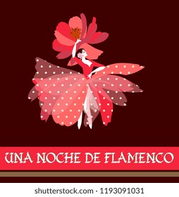 Spanish ballerina in red dress with white polka dots and hat in the shape of flower, dancing traditional folk dance. Night of Flamenco (text in Spanish). Invitation card, concert poster, chocolate pac